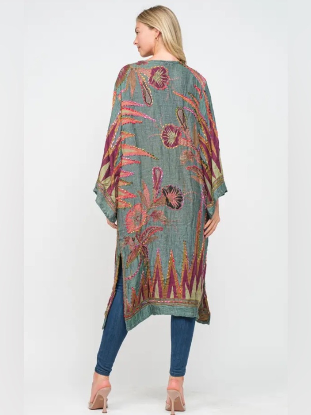 Raj Boho Floral Embroidered Duster Kimono - Sage Green & Rust - Picture 2 of 2